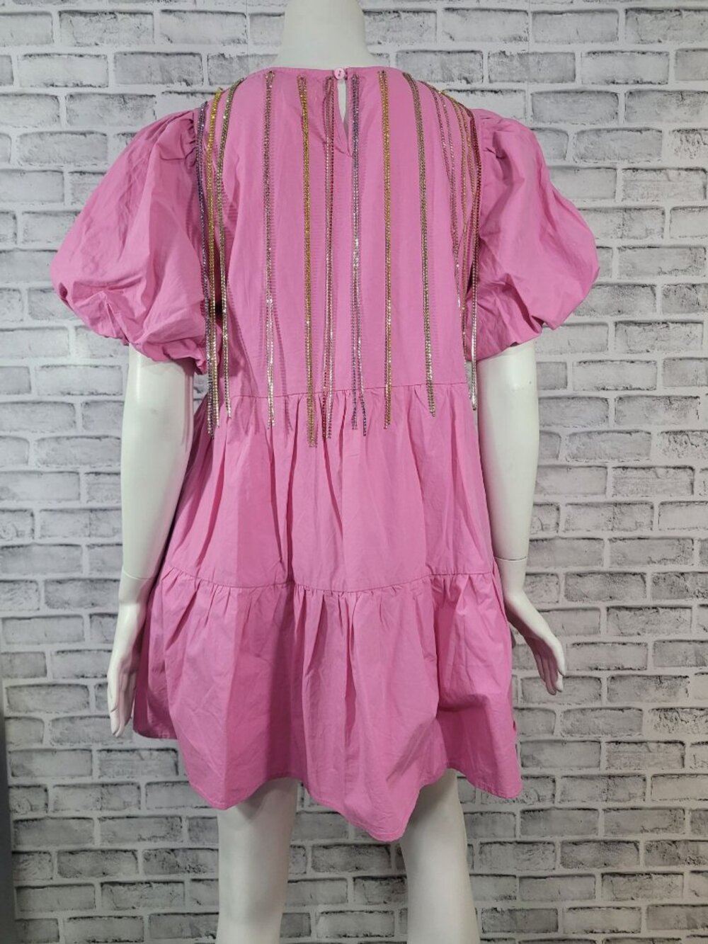 Peach Love California Pink Baby Doll Rhinestone Tassel Puff Sleeve Dress Medium